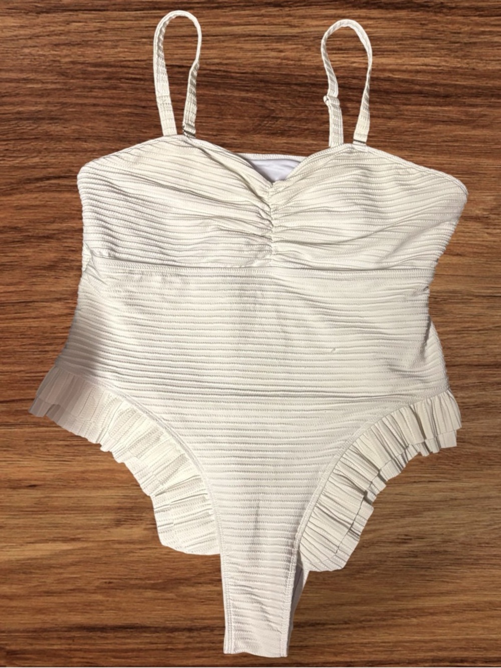 SHEIN Curve White Textured One-Piece Swimsuit with Ruffle Trim